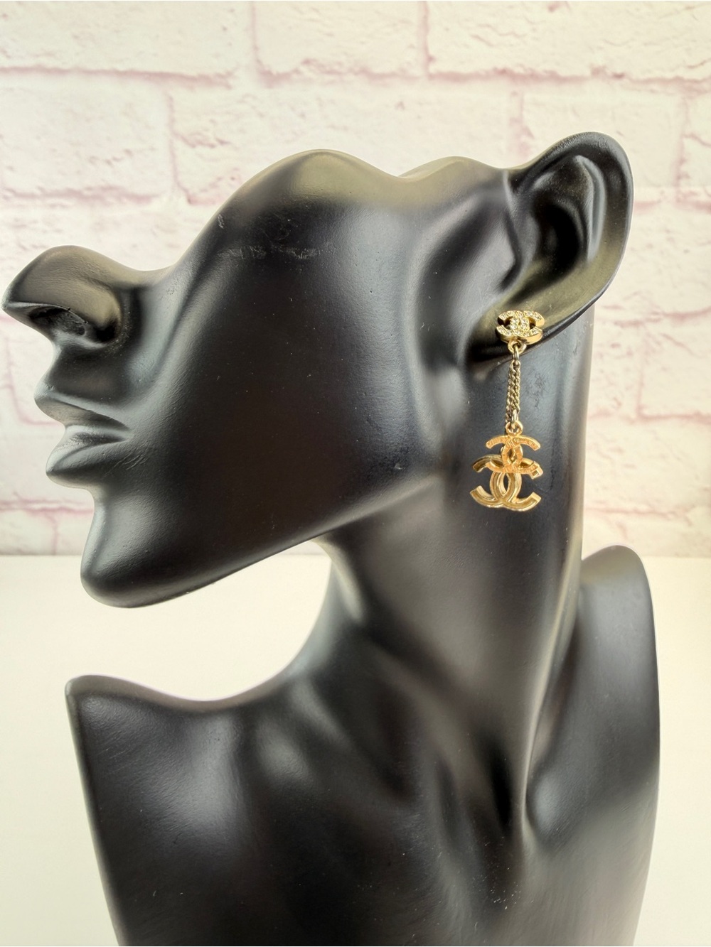 CHANEL Triple Coco Crystal Gold-Tone Interlocking CC Drop Earrings